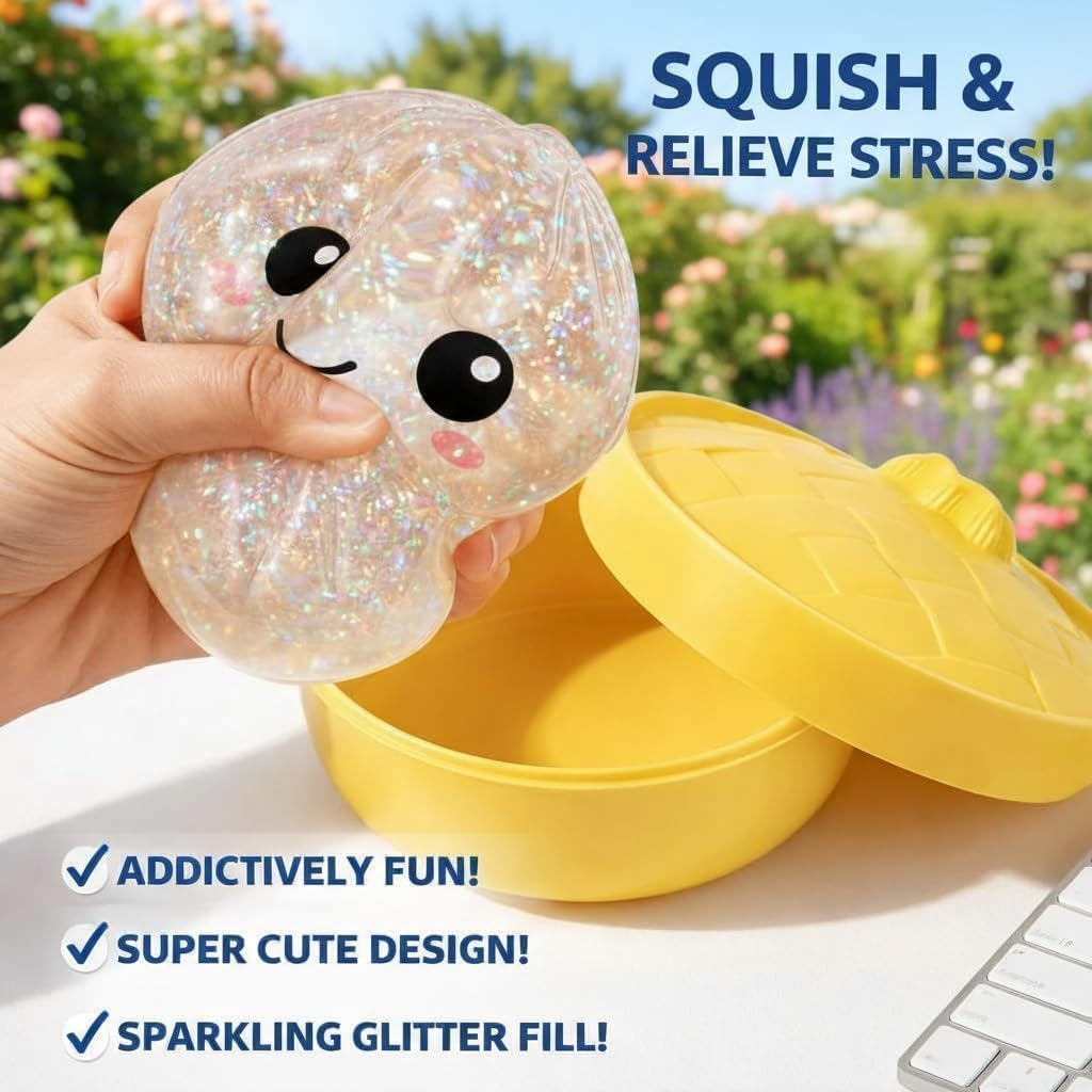 Glitter Dumpling Squishies, 2026 Upgrade Dumpling Squishies Mystery Box, Colorful Dumplings Stress Balls Fidget Sensory Toy, Stocking Stuffers with Food Steamer Stretchy Desk Toys