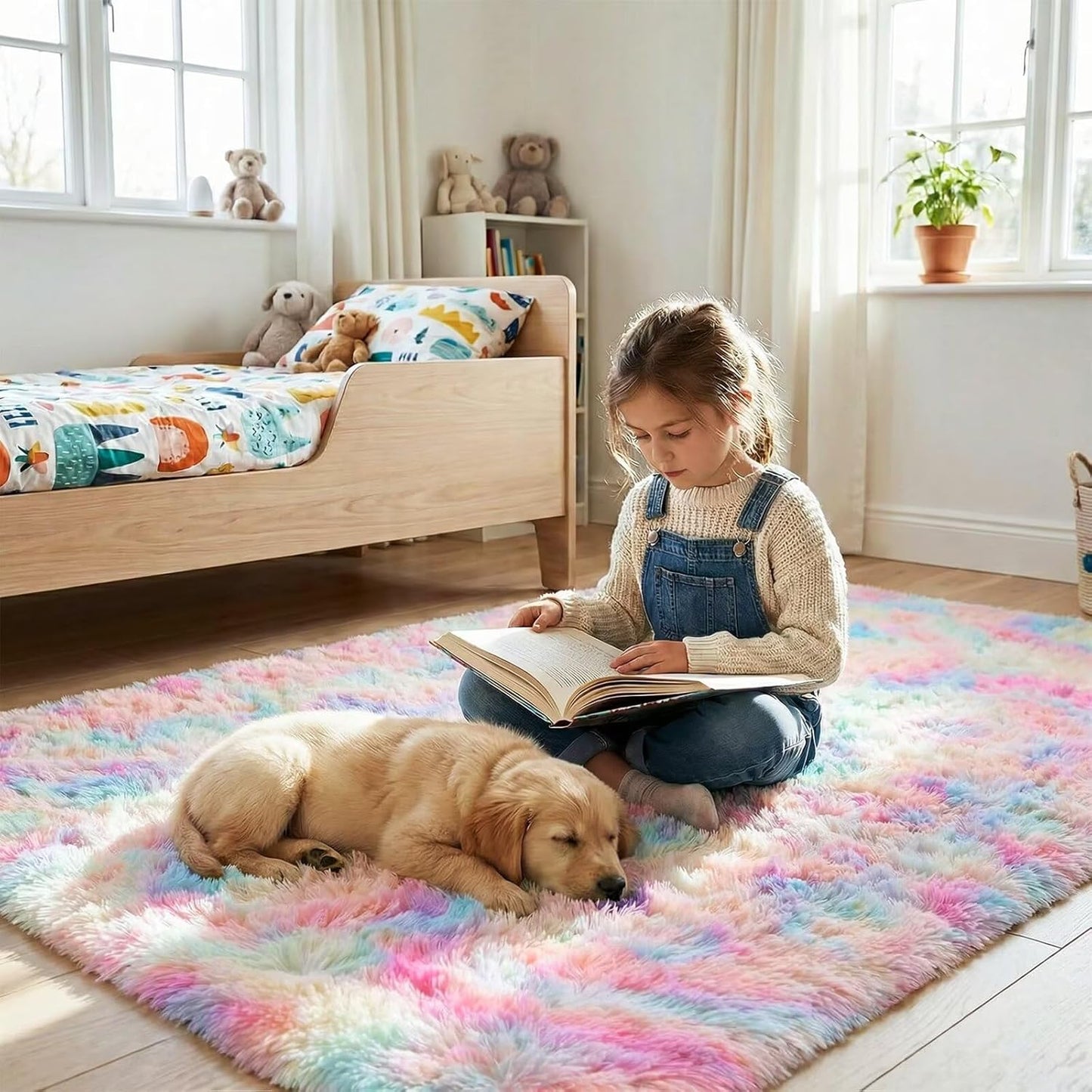 4X6 Washable Area Rug for Girls Bedroom Living Room, Tie-Dyed Rainbow Soft Non-Slip Fluffy Rugs, Shag Plush Memory Foam Carpet for Kids Room Baby Nursery Home Decor