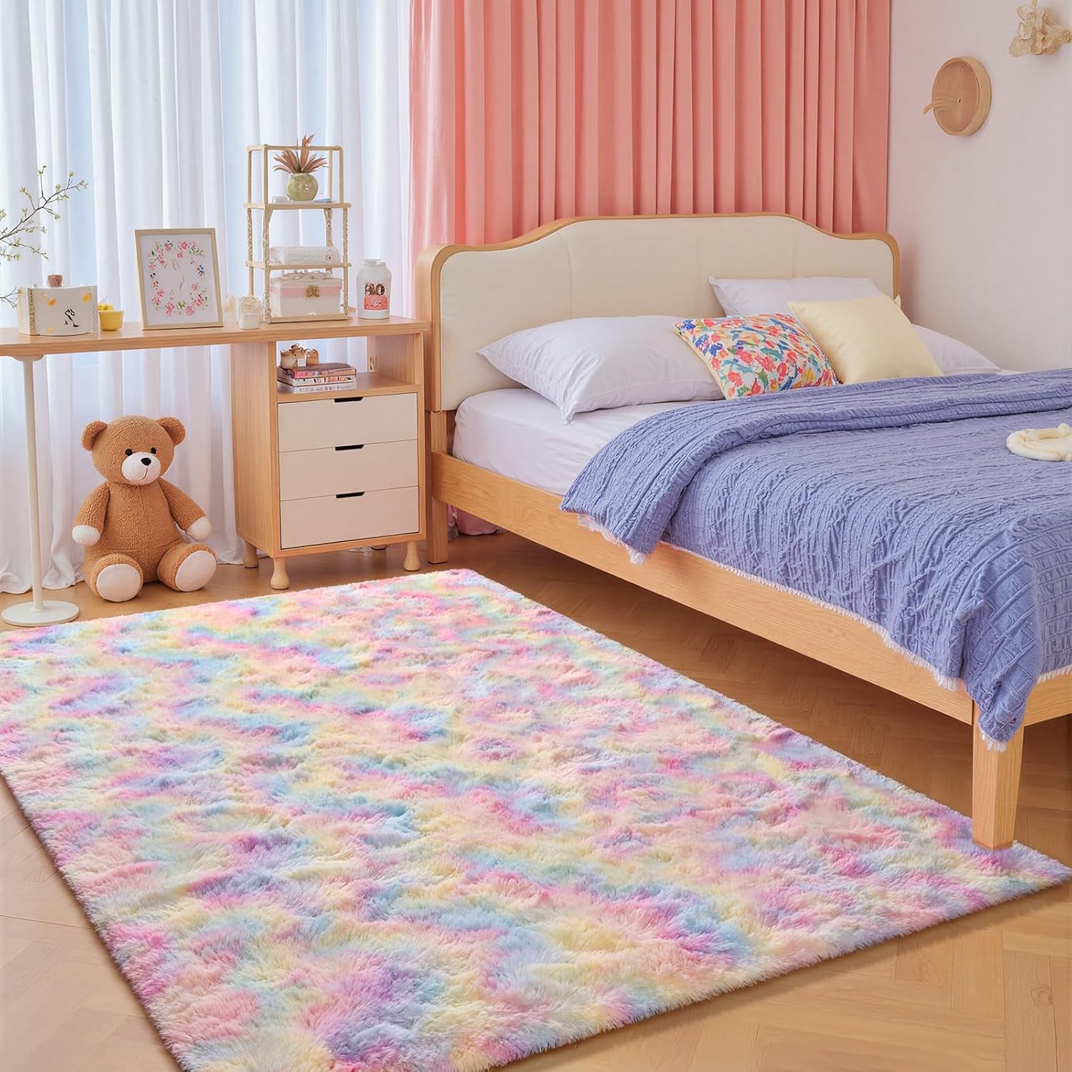 4X6 Washable Area Rug for Girls Bedroom Living Room, Tie-Dyed Rainbow Soft Non-Slip Fluffy Rugs, Shag Plush Memory Foam Carpet for Kids Room Baby Nursery Home Decor