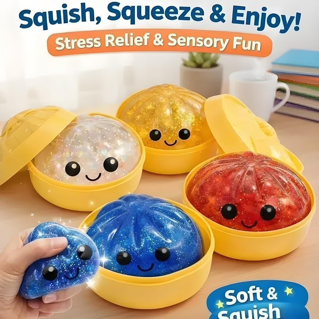 Glitter Dumpling Squishies, 2026 Upgrade Dumpling Squishies Mystery Box, Colorful Dumplings Stress Balls Fidget Sensory Toy, Stocking Stuffers with Food Steamer Stretchy Desk Toys
