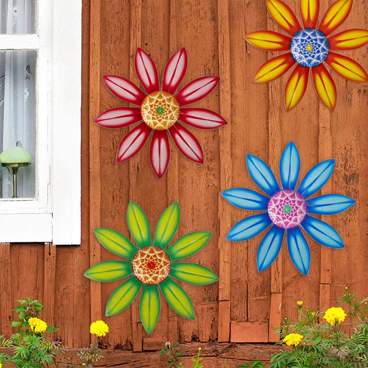 Metal Flower Wall Decor, 4 PCS Metal Outdoor Wall Art Decor, Metal Fence Art Wall Sculptures for Indoor outside Garden Patio Wall Decorations