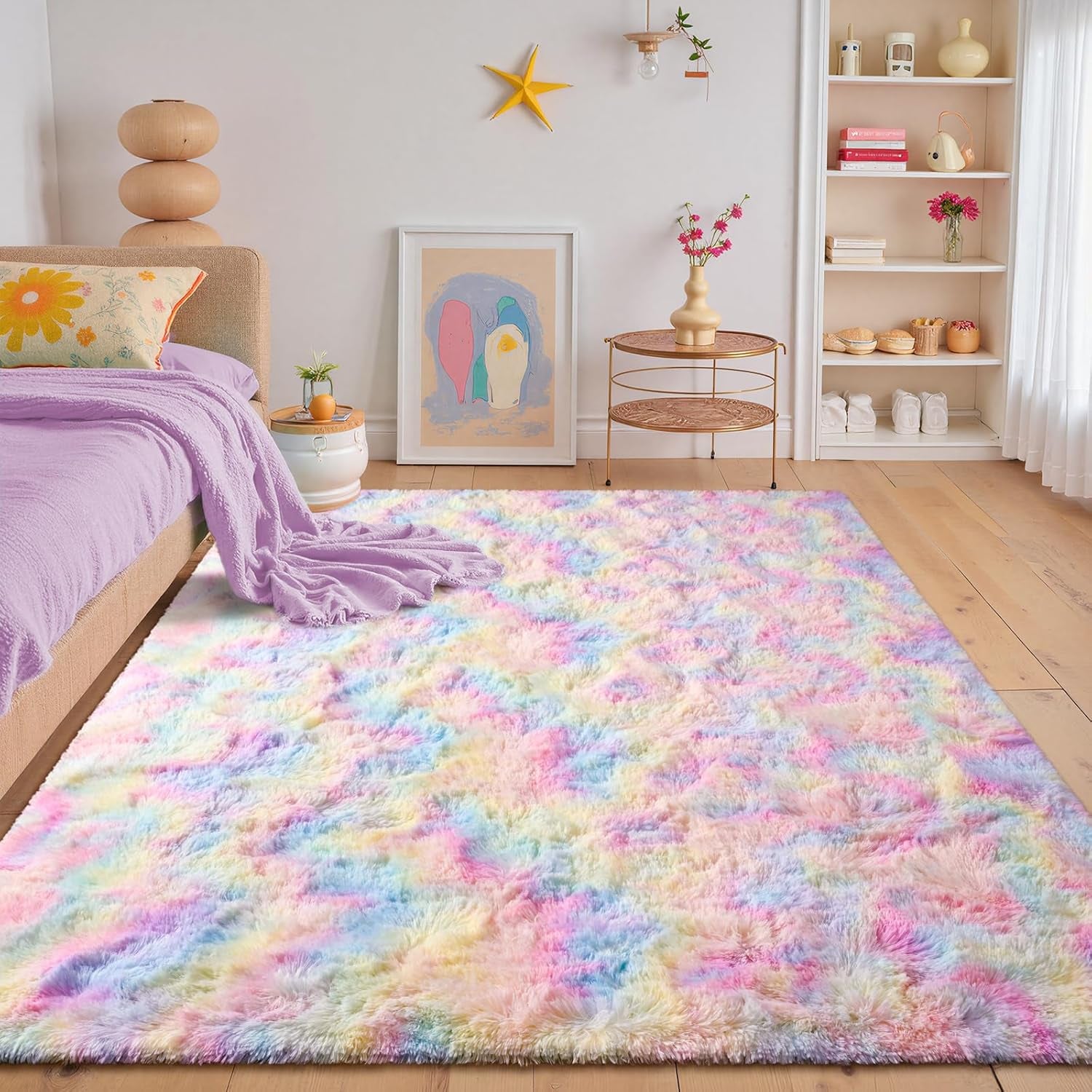 4X6 Washable Area Rug for Girls Bedroom Living Room, Tie-Dyed Rainbow Soft Non-Slip Fluffy Rugs, Shag Plush Memory Foam Carpet for Kids Room Baby Nursery Home Decor