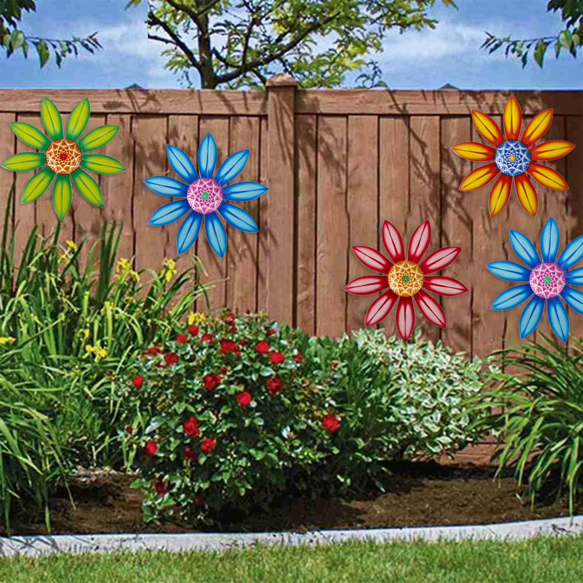 Metal Flower Wall Decor, 4 PCS Metal Outdoor Wall Art Decor, Metal Fence Art Wall Sculptures for Indoor outside Garden Patio Wall Decorations