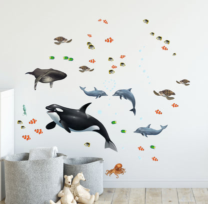 Ocean Wall Decals under the Sea Fish Whales Dolphins (29) Sea Life Wall Stickers 5" - 22"