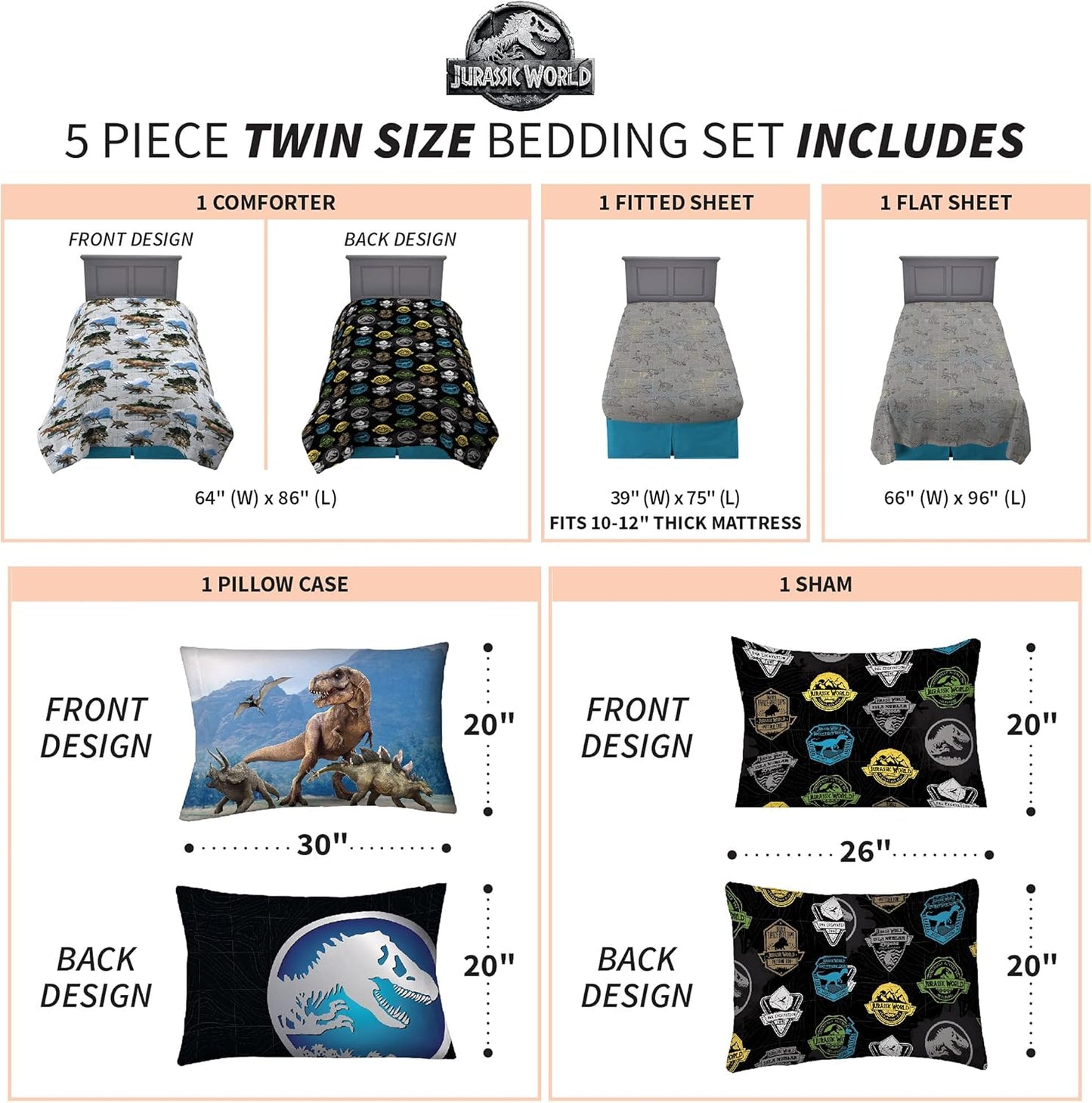 Kids Bedding Super Soft Comforter and Sheet Set with Sham, 5 Piece Twin Size, Jurassic World,6A1348