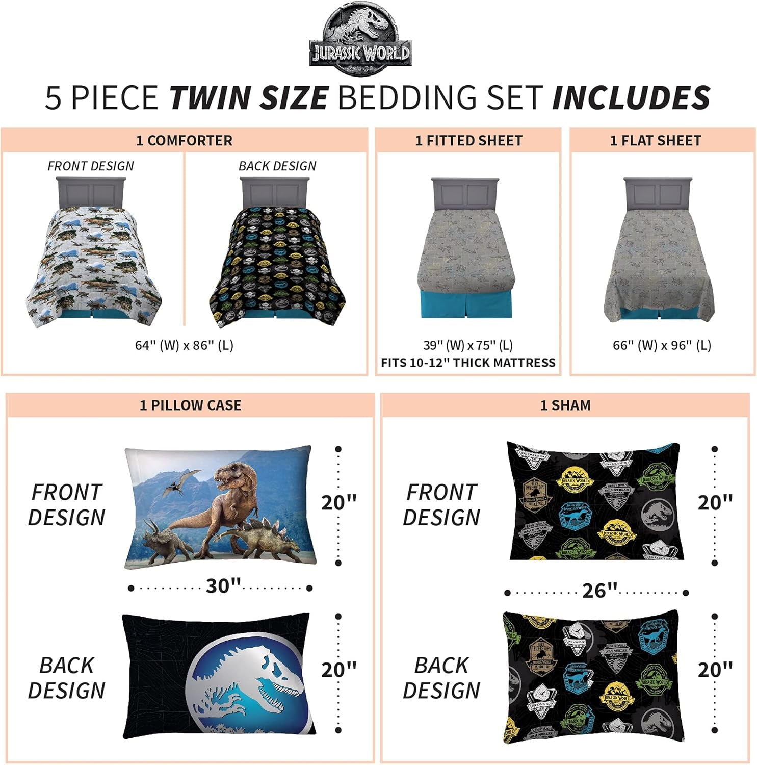 Kids Bedding Super Soft Comforter and Sheet Set with Sham, 5 Piece Twin Size, Jurassic World,6A1348