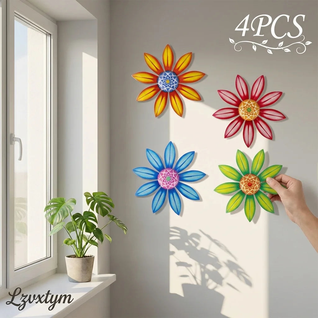 Metal Flower Wall Decor, 4 PCS Metal Outdoor Wall Art Decor, Metal Fence Art Wall Sculptures for Indoor outside Garden Patio Wall Decorations